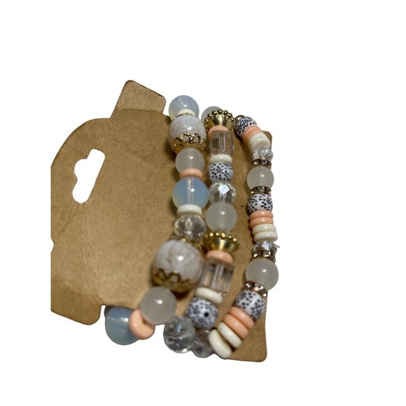 Multilayer Crystal Stone Bead Bracelets Tassels and Charms Peach White and Gold - Picture 5 of 5